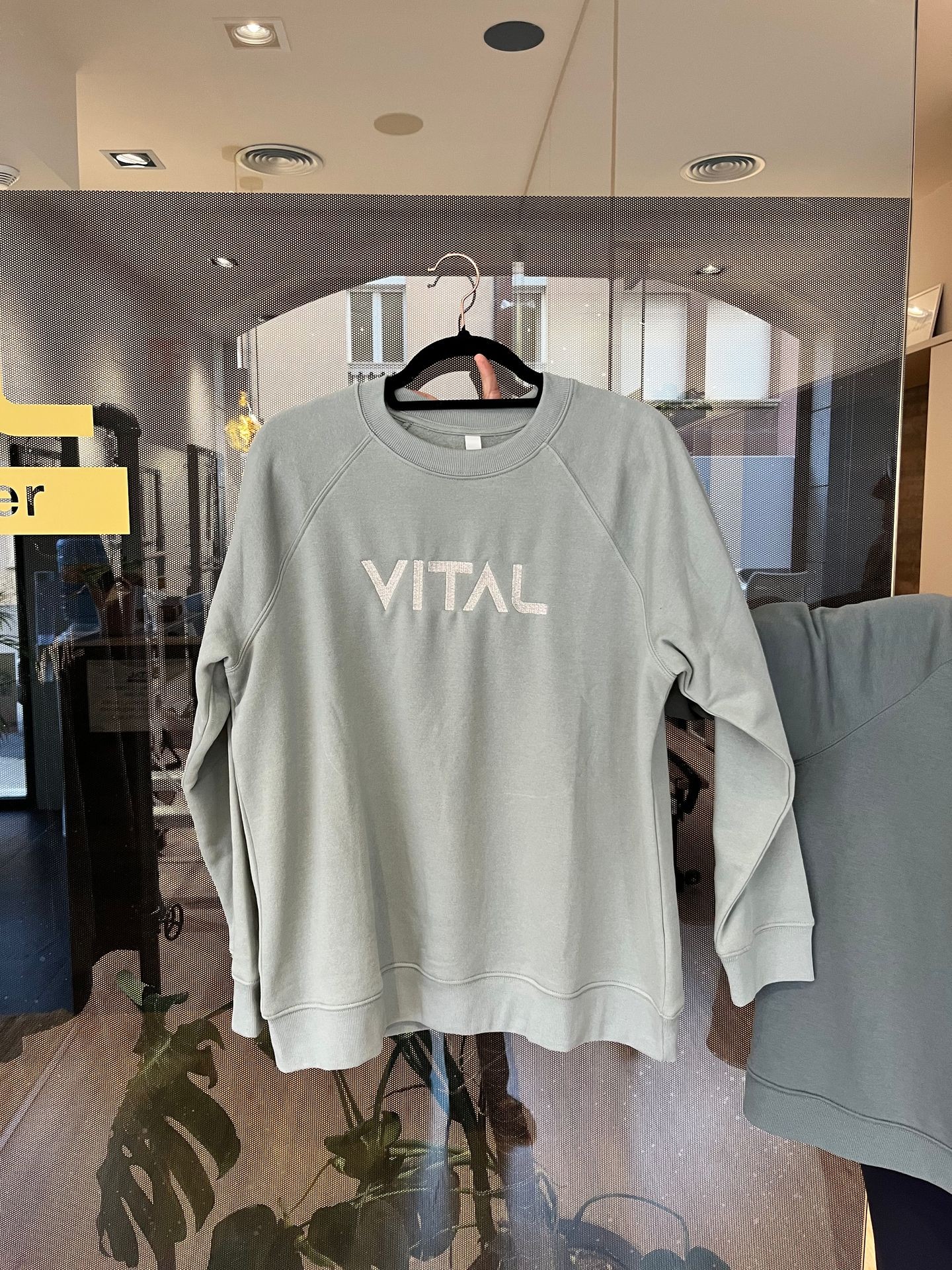 Gray sweatshirt with 'VITAL' printed on it displayed on a hanger in a store.